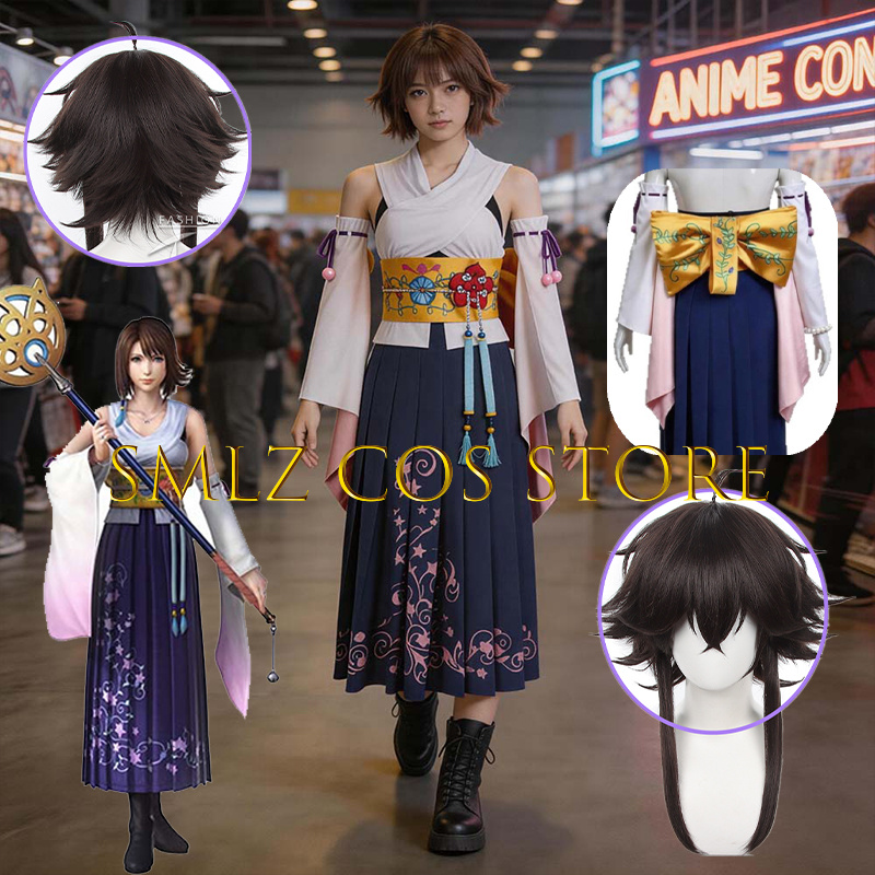 Anime Cosplay Ladies - Smlz FFX ユナコスプレアニメ FF10 X 衣装女性あなたナ着物ドレス小道具ウィッグセットハロウィンパーティー演劇衣装