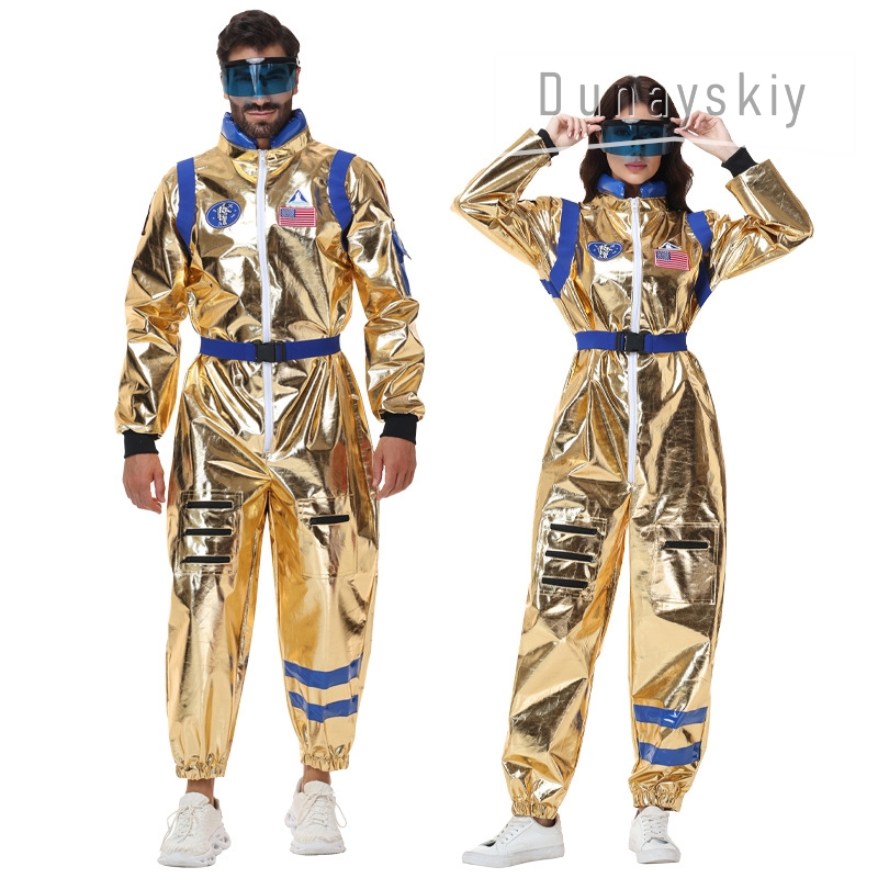 Anime Cosplay Couple - 光沢のあるメタリックゴールド宇宙飛行士ジャンプスーツコスチュームカップルマッチング宇宙飛行士コスプレ衣装ハロウィンパーティースペーススーツメガネ付き