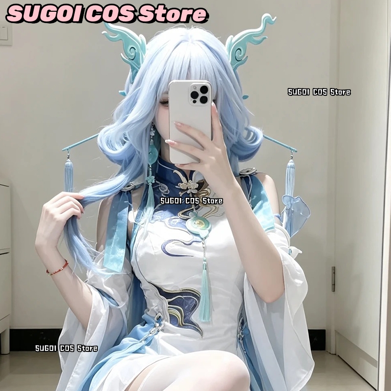 Anime Cosplay Blue Hair - C921アニメゲーム「Wuthering Waves」のコスプレ用、中国風のレトロな青い髪スタイル、グラデーションの青いウィッグ、クラシックな合成繊維を使用。