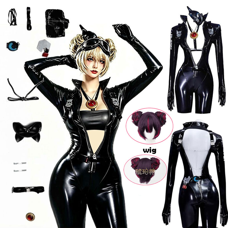 Anime Cosplay Jumpsuit - WHH アニメニッケクエンシーコスプレ衣装黒のボディスーツマスクベルト付き素敵なステッチコスプレ衣装女性ロールプレイパーティー