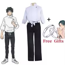 Anime Cosplay Couple - アニメコスプレセット ホワイトスタンドカラートップ ブラックルーズパンツ フリーカップルリング ハロウィンコスプレパーティー ロールプレイコスチューム