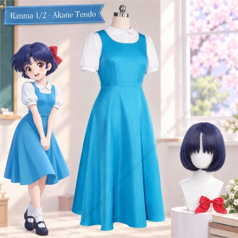 ランマ1/2、天道あかねのコスプレ衣装。青いドレス、白いブラ - Anime Cosplay Blue Hair のレビューと価格