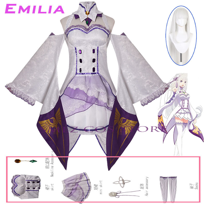 エミリアコスプレアニメ再ゼロカラハジメル異世界生活衣装白制服 - Anime Cosplay Ladies のレビューと価格